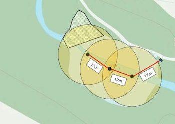 Site plan of Longhurst Hall Pond aeration system showing three overlapping diffuser spheres with radii 7.5 m, 12 m, and 17 m, indicating mixing zones and a legend (compressor cabinet, main air feedline, diffuser) and scale.