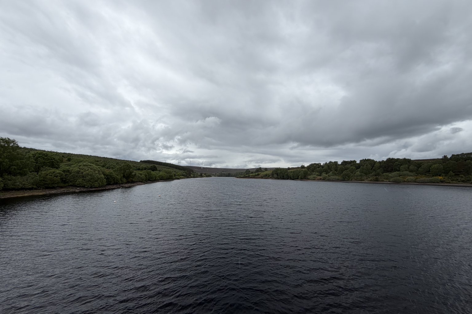 Overcast lake with dark water, tree-lined banks, and distant wind turbines on the horizon under heavy clouds.